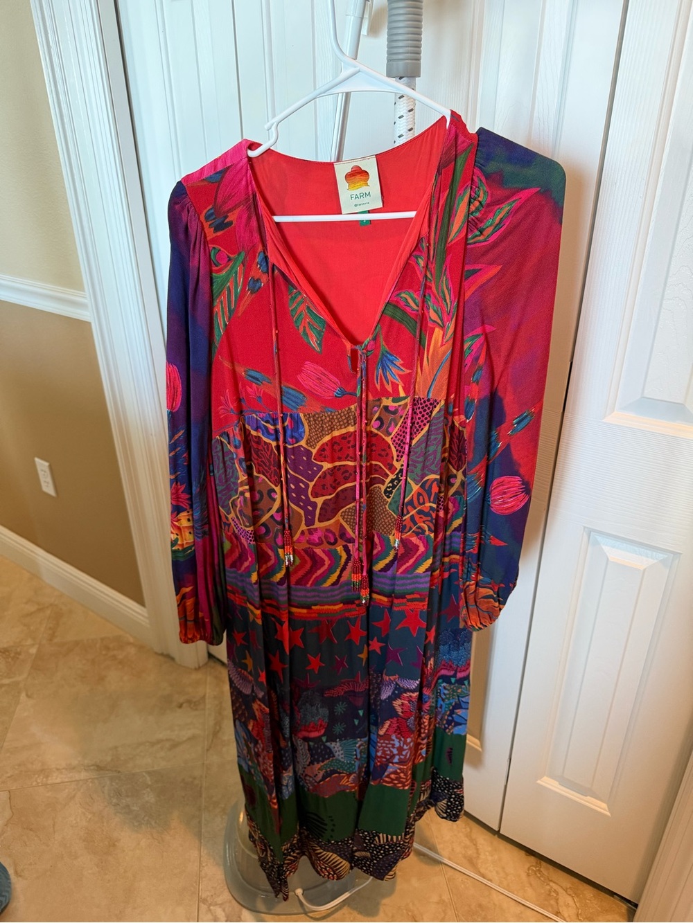 FARM Rio Red Multi Floral Maxi Dress with V-Neck Tie